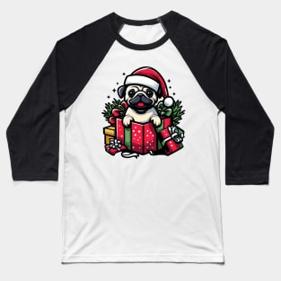 Pug In Present Dog Christmas Festive Santa Hat Baseball T-Shirt